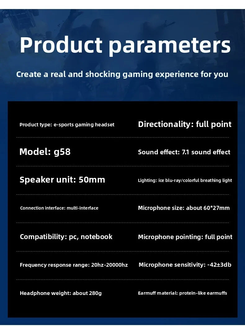 G58 Stereo Surround 7.1 Wired Gaming Headphones with Microphone Over-Ear Esports Gear - Hot Selling Multimedia Headset